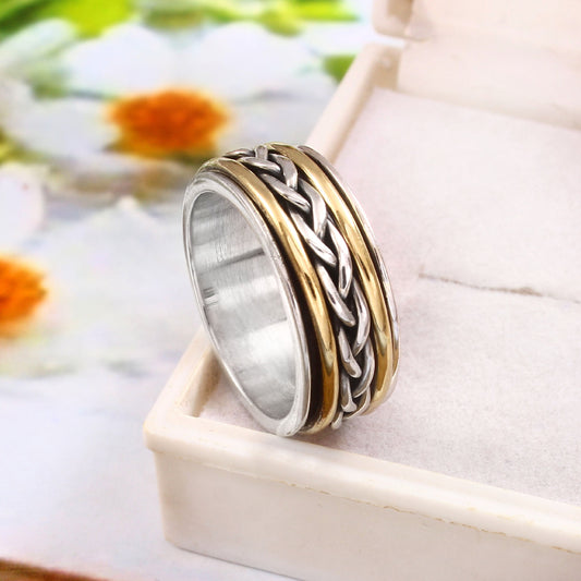 925 Solid Sterling Silver Ring, Dual Tone Spinner Ring, Gift for Her