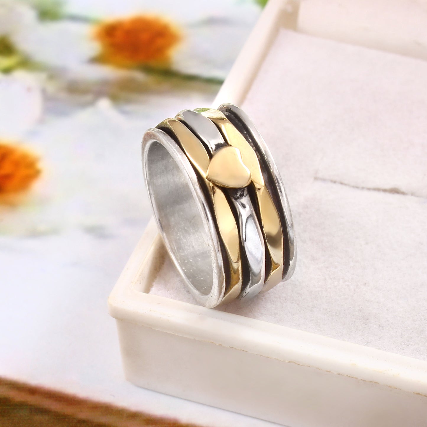 Handcrafted Heart Shape Spinner Ring, 925 Solid Silver, Meditation Dual Tone Ring,