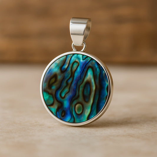 925 Solid Sterling Silver Abalone Shell Round Pendant – Iridescent Ocean-Inspired Necklace