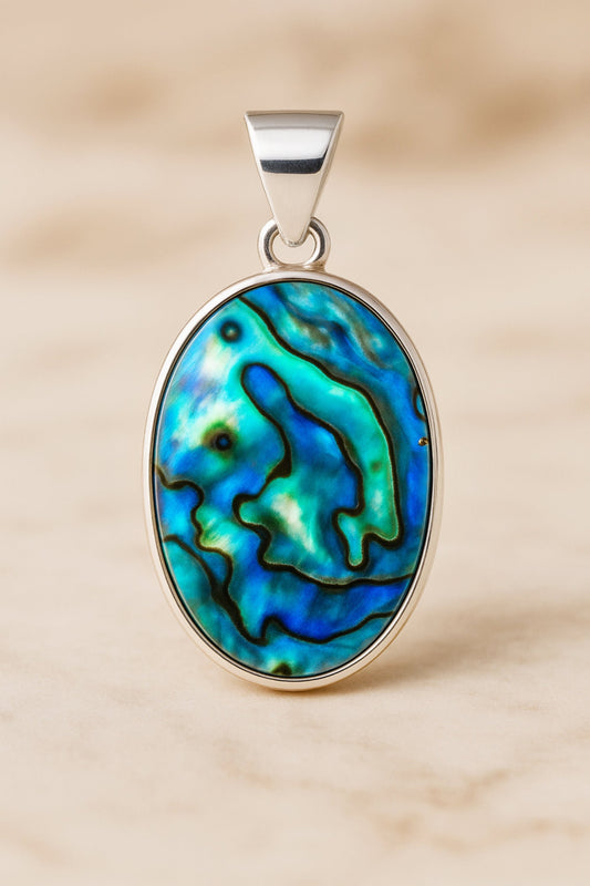 925 Sterling Silver Oval Abalone Shell Pendant – Iridescent Ocean-Inspired Jewelry