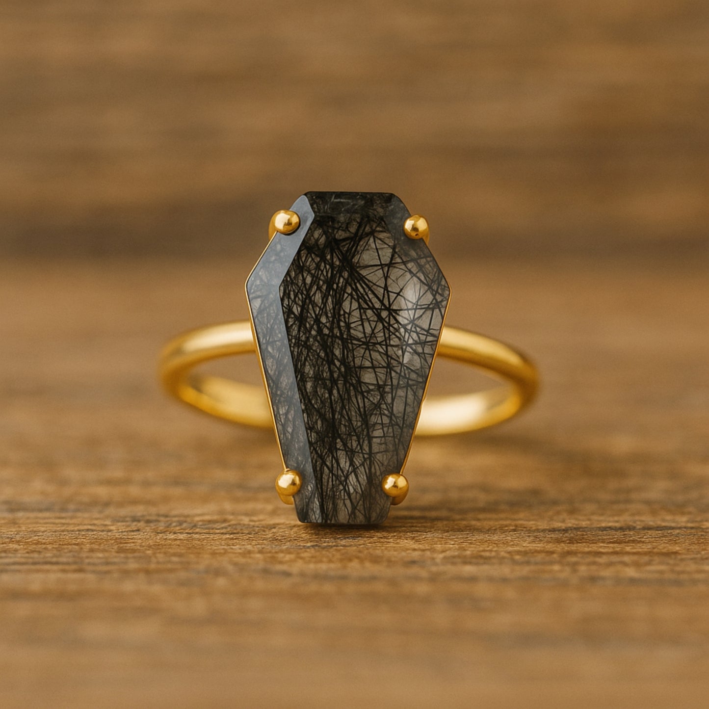 Black Rutile Coffin Ring, 925 Sterling Silver, Gemstone Ring, Halloween Gift