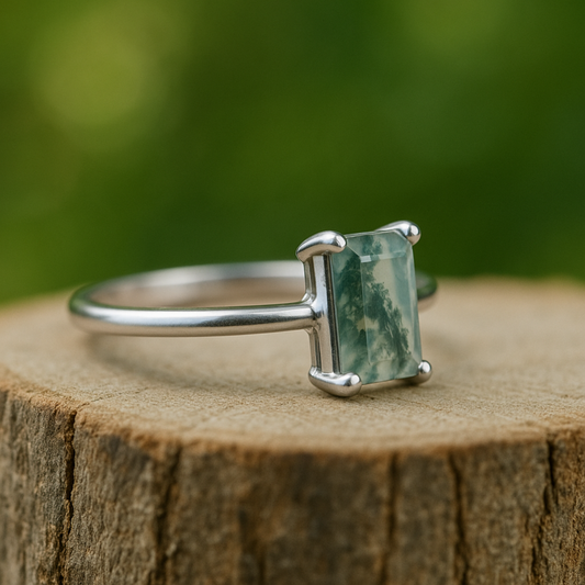 Moss Agate Ring, 925 Sterling Silver, Statement Ring, 6x8 mm Gemstone Ring