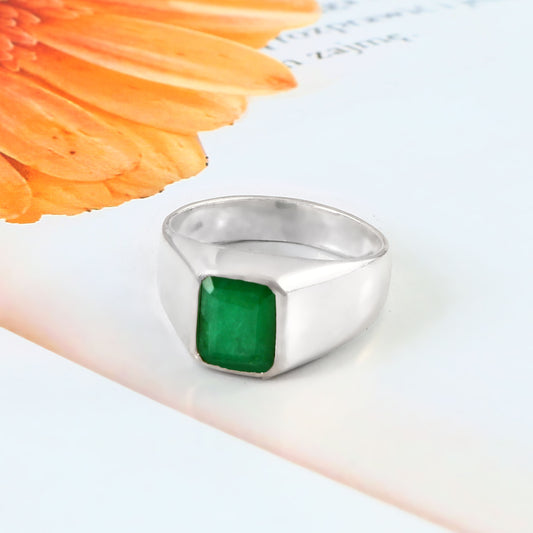 Emerald Signet Ring for Men Women, 925 Solid Silver, Bohemian Ring, Green Stone Ring, Birthstone Ring
