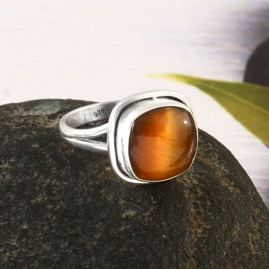 925 Silver Tiger Eye Ring, Gemstone Ring, Statement Ring, Cushion Shape Ring, Gift for Mother, Everyday Ring