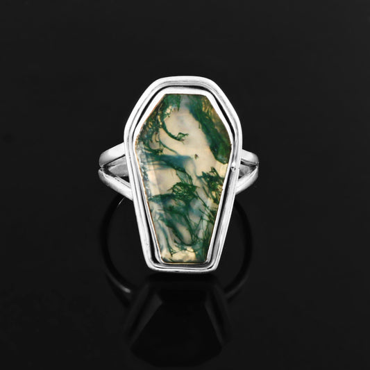 Moss Agate Coffin Shaped Ring, 925 Sterling Silver, Coffin Ring, Green Agate Ring, Christmas Gift