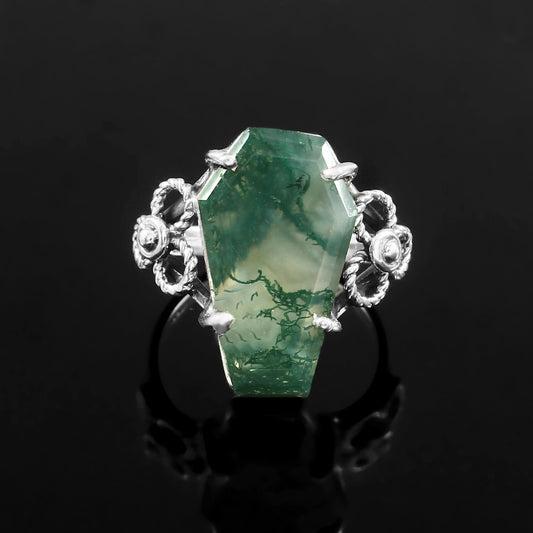 Coffin Ring, Moss Agate Ring, 925 Sterling Silver, Gemstone Ring, Statement Ring, Promise Ring