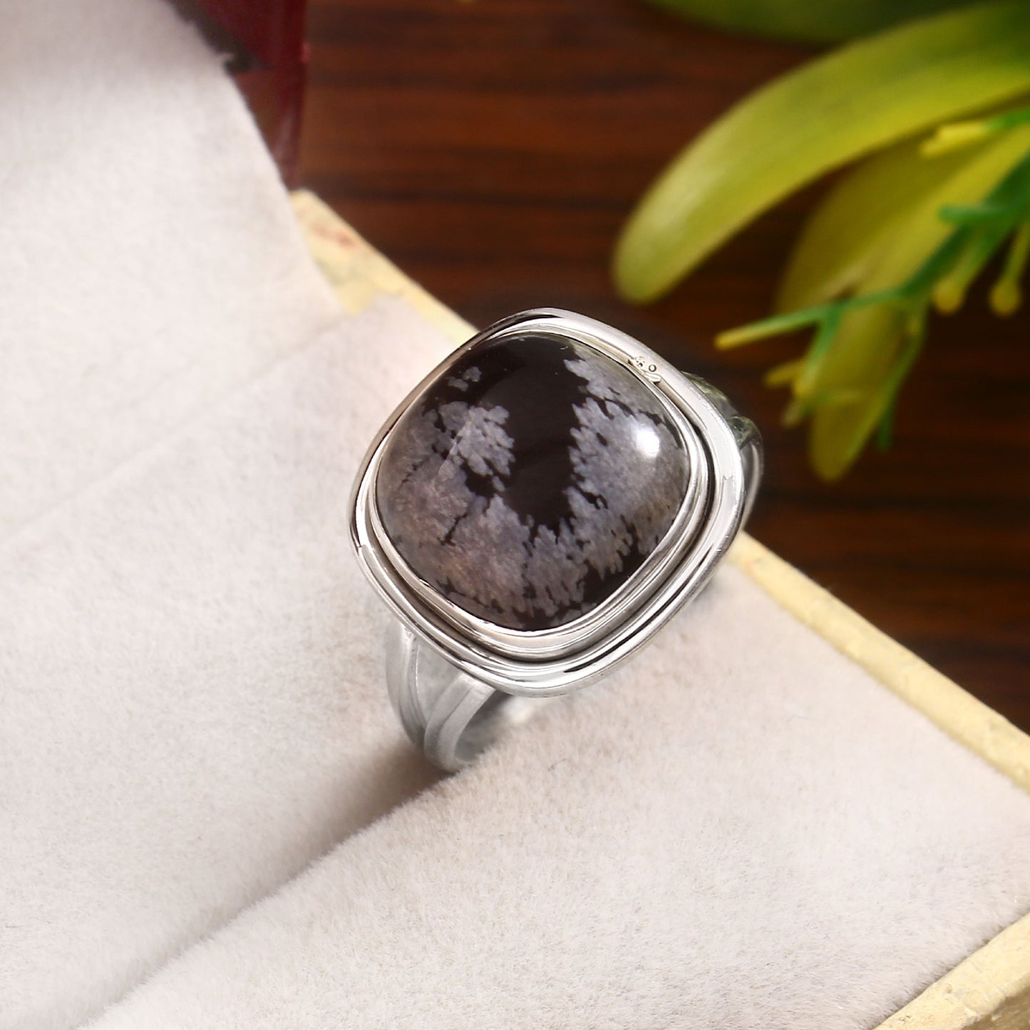 Genuine Snowflake Obsidian Ring in Sterling Silver – Cushion-Cut Gemstone with Split Band Design