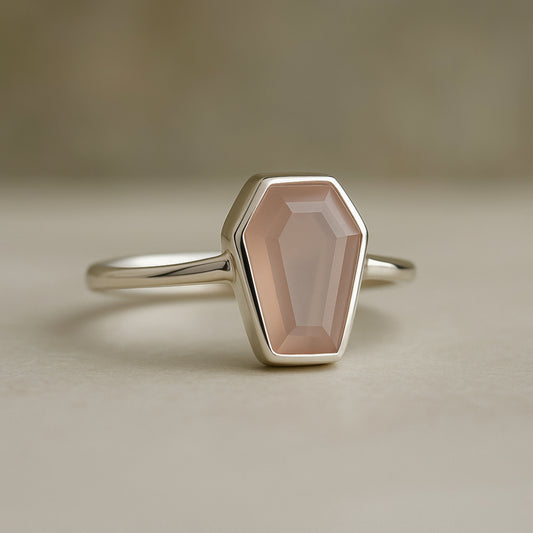 Minimalist Rose Quartz Ring, 925 Solid Silver, Gemstone Ring, Coffin Shape Ring, Coffin Ring