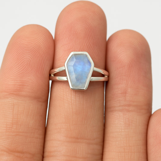 Minimalist Rainbow Moonstone Coffin Ring, 925 Sterling Silver, Coffin Shape Ring, Women Ring