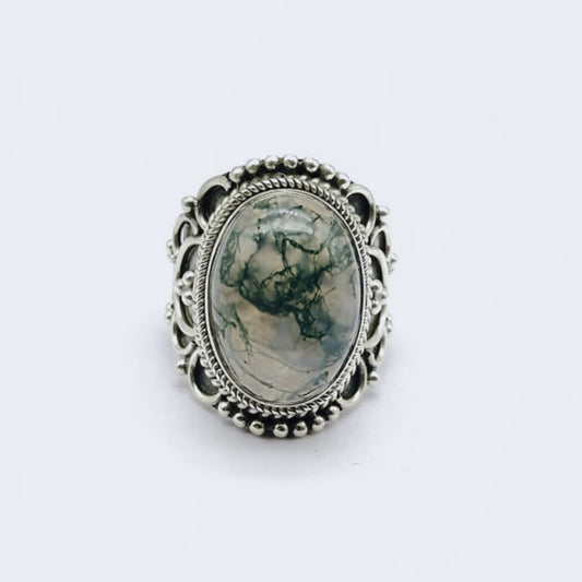 Moss Agate Ring, 925 Solid Sterling Silver, Designer Ring, Big Stone Ring, Boho Ring