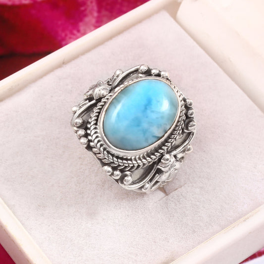 Larimar Vintage Ring, 925 Solid Silver, Gemstone Ring, Statement Ring, Larimar Jewelry