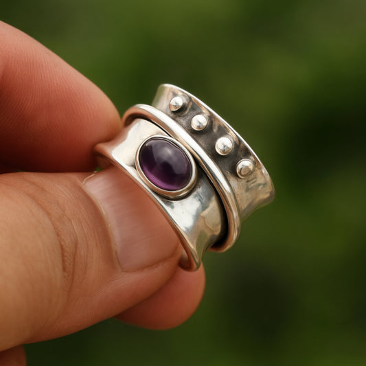 Amethyst Spinner Ring, 925 Solid Silver, Meditation Ring, Purple Amethyst Ring, Summer Gift