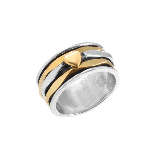 Handcrafted Heart Shape Spinner Ring, 925 Solid Silver, Meditation Dual Tone Ring,