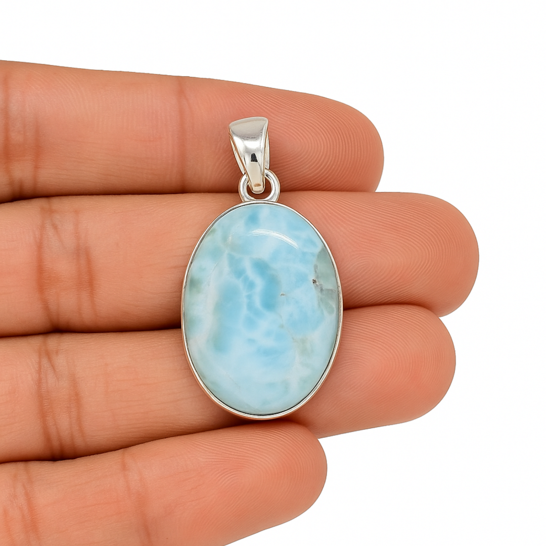 Genuine Larimar Oval Pendant – Sterling Silver Caribbean Gemstone Necklace