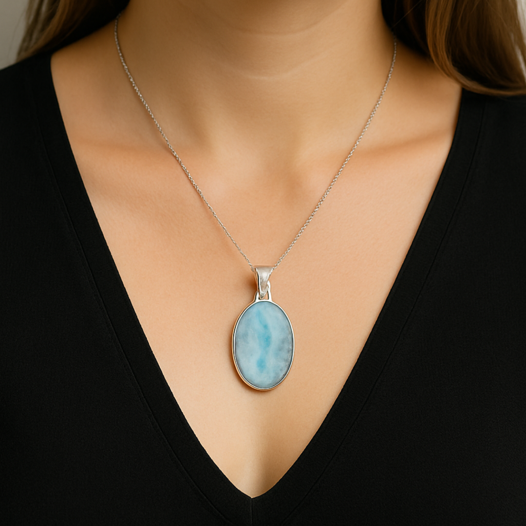 Genuine Larimar Oval Pendant – Sterling Silver Caribbean Gemstone Necklace