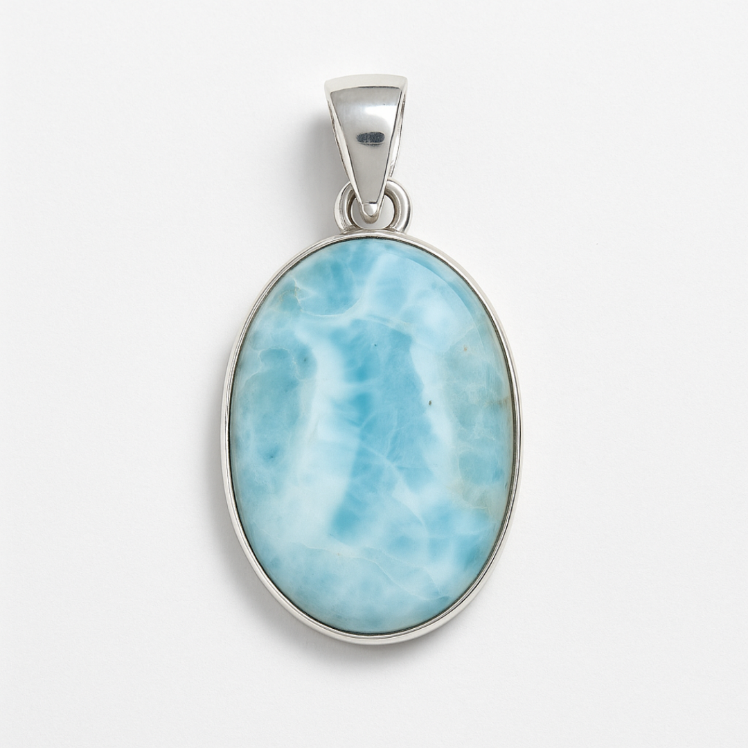 Genuine Larimar Oval Pendant – Sterling Silver Caribbean Gemstone Necklace