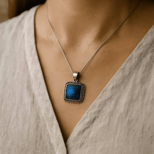 Cushion Labradorite Pendant,  925 Solid Sterling Silver, Blue Flashy Labradorite Gemstone Pendant, Women Necklace