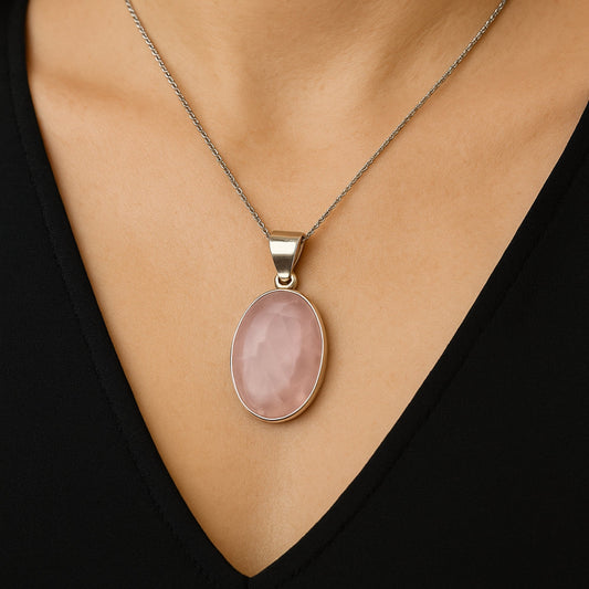 Oval Rose Quartz Pendant,  925 Solid Sterling Silver, Gemstone Pendant, Women Necklace, Gift Pendant, Handmade Pendant