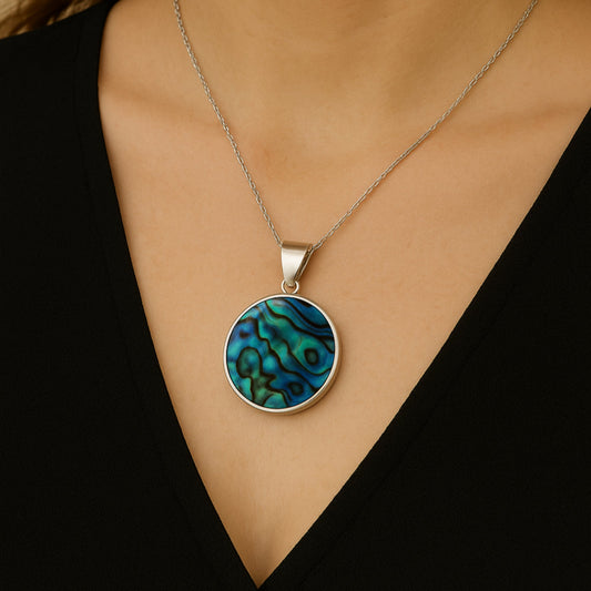 925 Solid Sterling Silver Abalone Shell Round Pendant – Iridescent Ocean-Inspired  Necklace