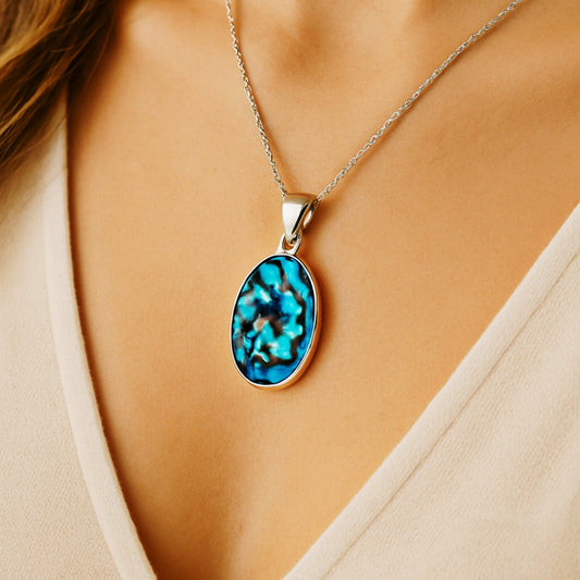 925 Sterling Silver Oval Abalone Shell Pendant – Iridescent Ocean-Inspired Jewelry