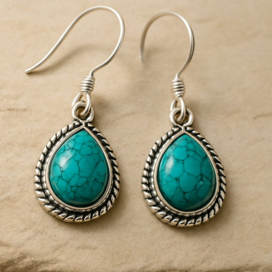 Natural Turquoise Teardrop Earrings – 925 Sterling Silver Bezel