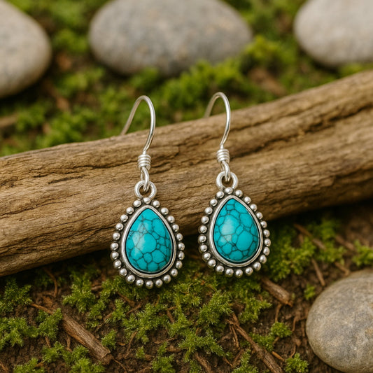 Natural Turquoise Teardrop Earrings – 925 Sterling Silver Bezel
