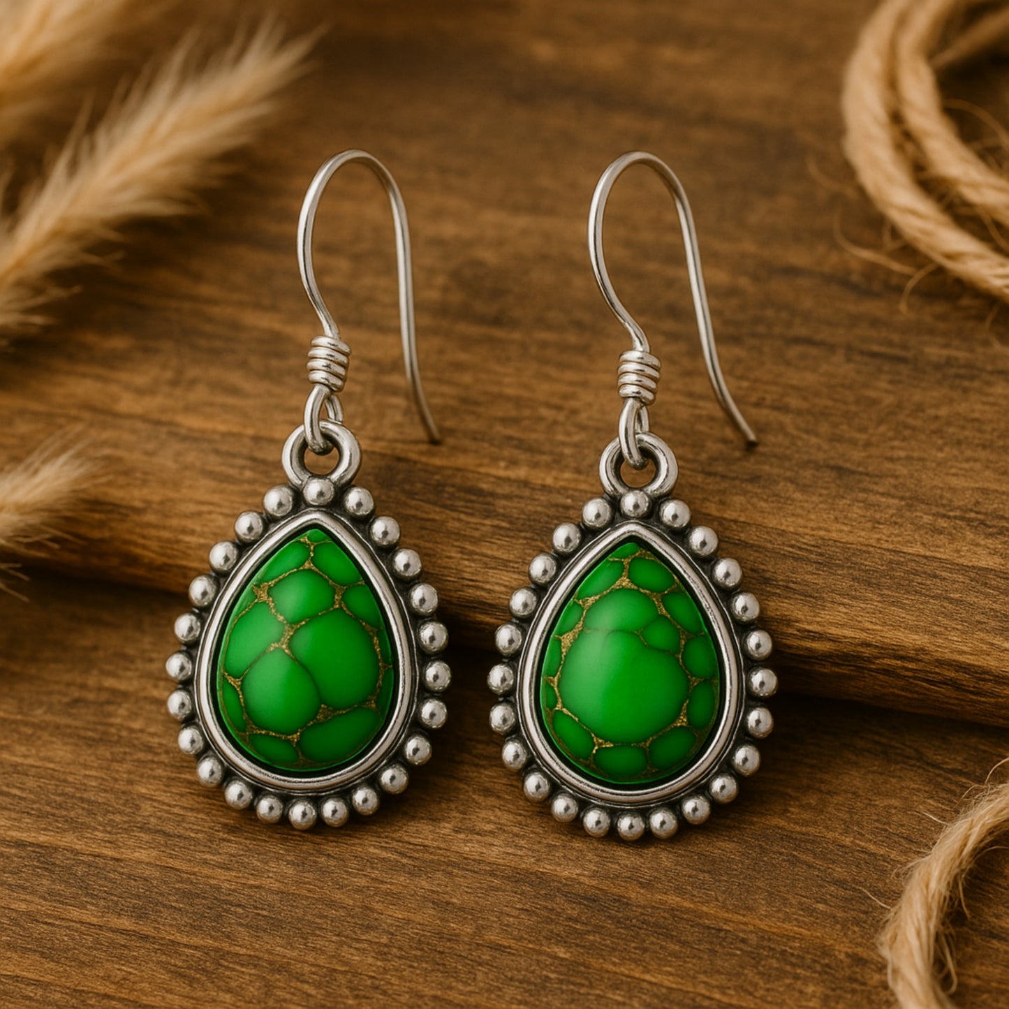 Green copper Turquoise Earring, 925 Sterling Silver Earring, Boho Gift, Handmade Jewelry, Turquoise Earring