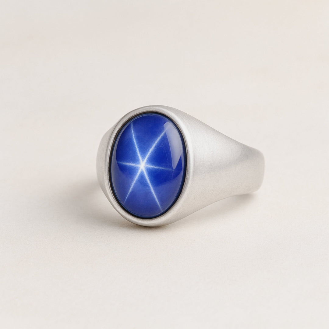 Blue Star Sapphire Ring. 925 Solid Sterling Silver, Signet Ring, Gemstone Ring, Men Women Ring