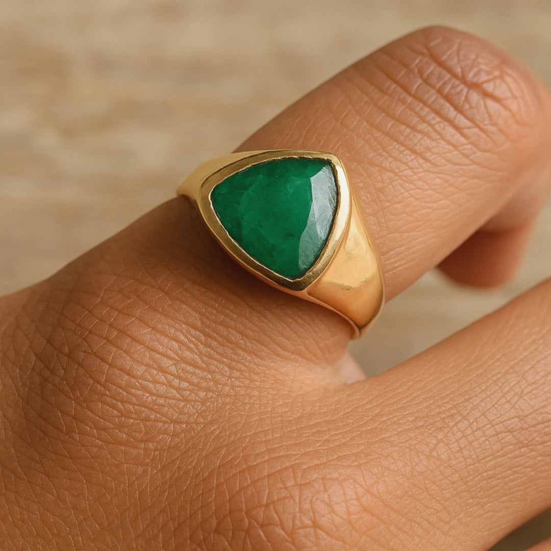 Natural Emerald Signet Ring, 925 Solid Sterling Silver, Copper Ring, Gemstone Ring, Men Women Emerald Ring