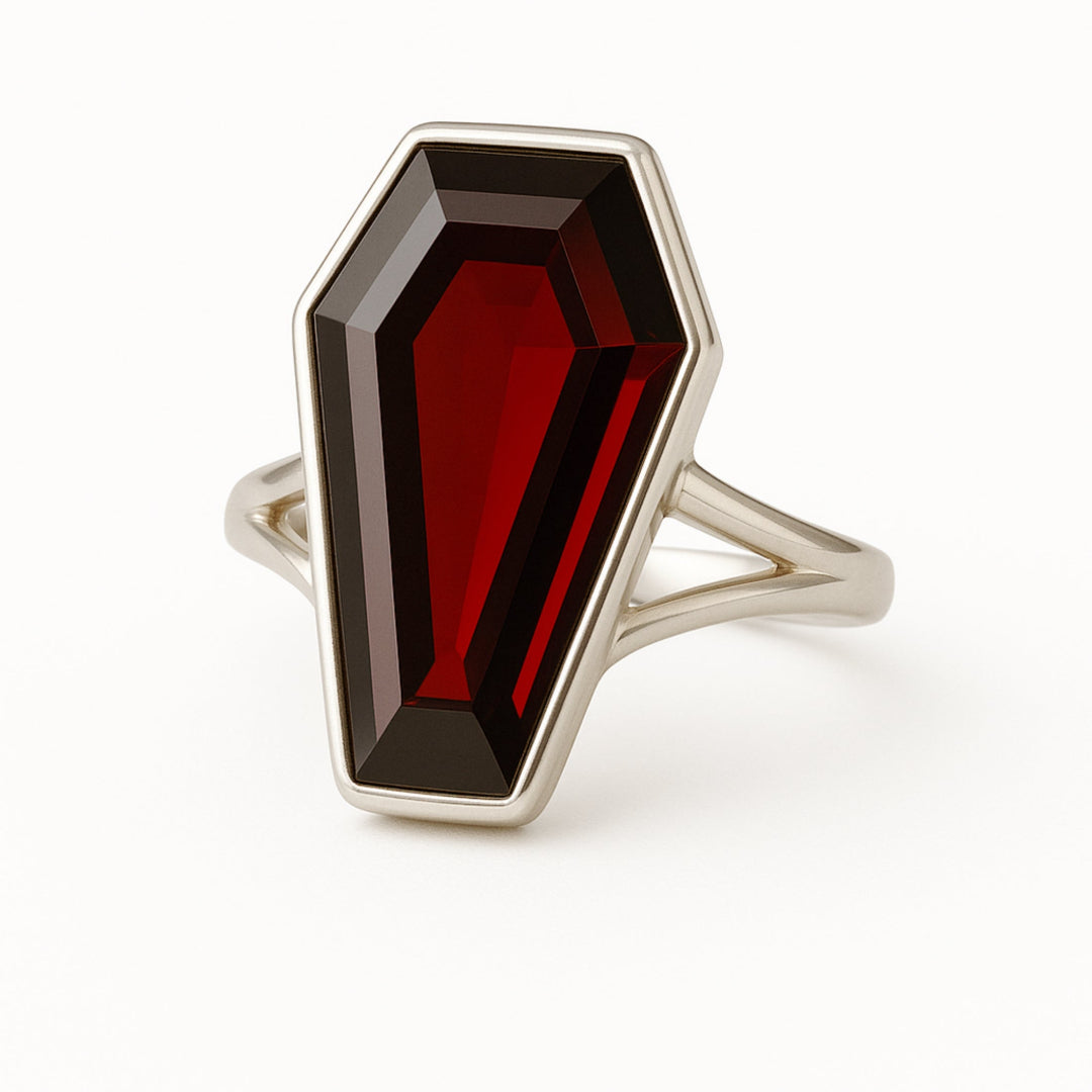 Garnet Coffin Ring, 925 Solid Sterling Silver,  Coffin shape Ring, Handmade Jewelry