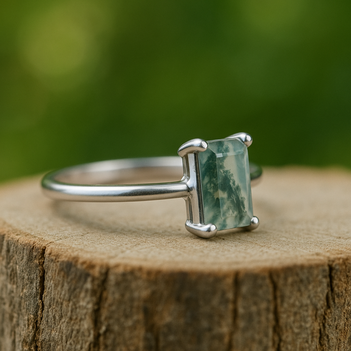 Moss Agate Ring, 925 Sterling Silver, Statement Ring, 6x8 mm Gemstone Ring