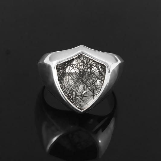 Black Rutile Shield Ring, 925 Solid silver, Signet Ring, Men Women Ring, Promise Ring