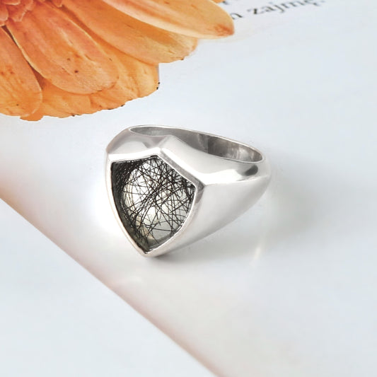 Black Rutile Shield Ring, 925 Solid silver, Signet Ring, Men Women Ring, Promise Ring