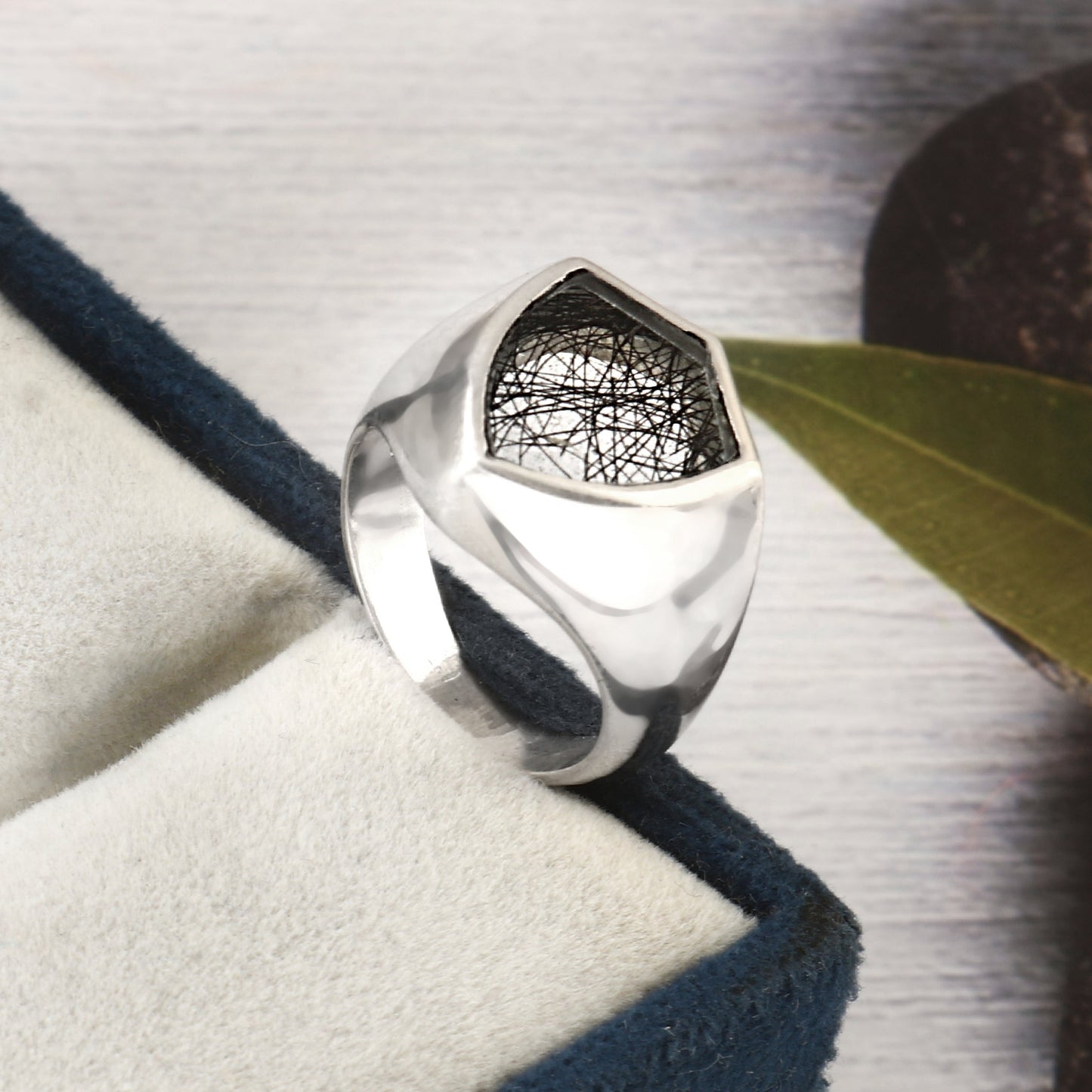Black Rutile Shield Ring, 925 Solid silver, Signet Ring, Men Women Ring, Promise Ring