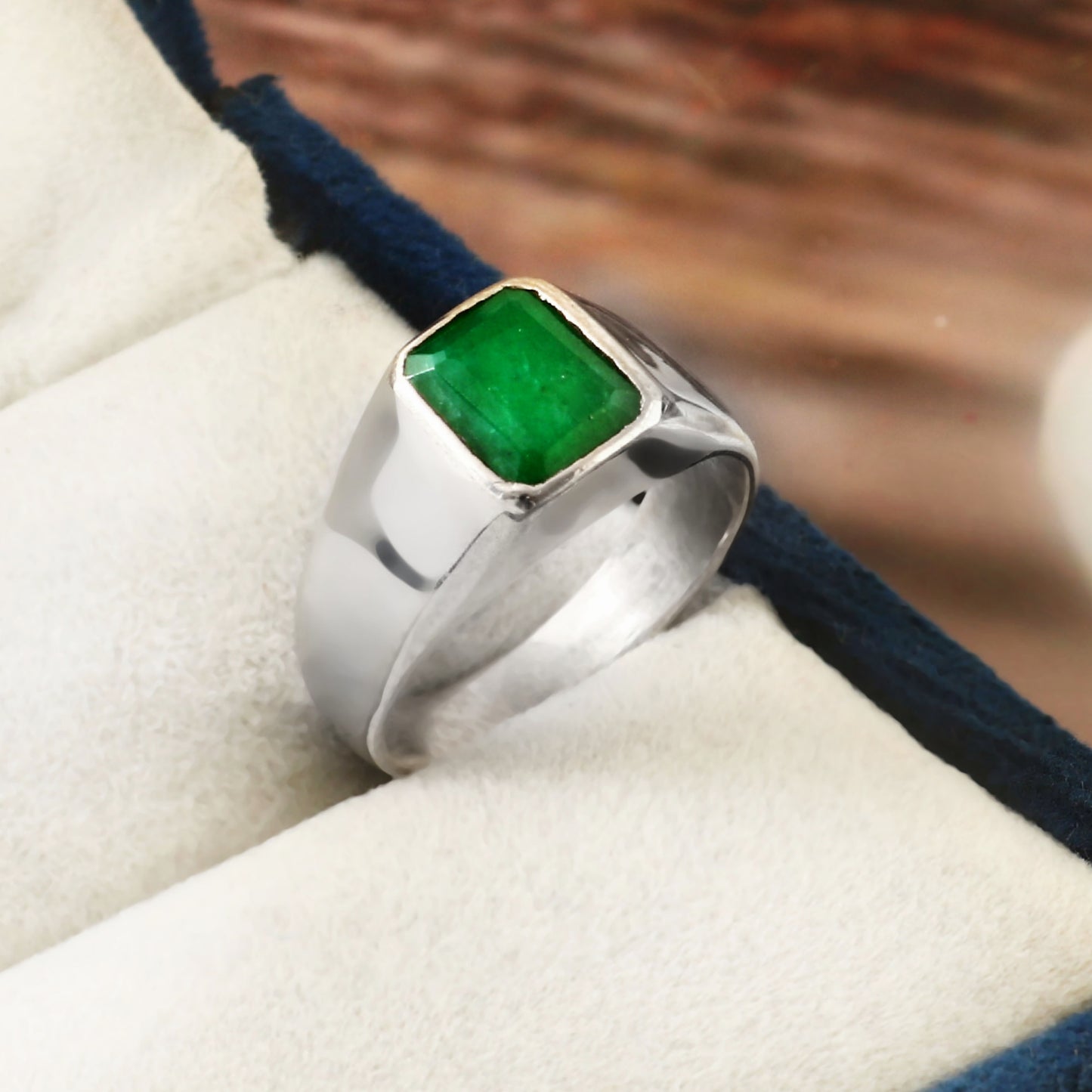 Emerald Signet Ring for Men Women, 925 Solid Silver,  Bohemian Ring, Green Stone Ring, Birthstone Ring