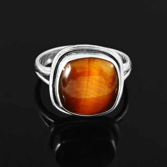 925 Silver Tiger Eye Ring, Gemstone Ring, Statement Ring, Cushion Shape Ring, Gift for Mother, Everyday Ring