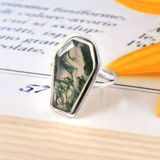 Moss Agate Coffin Shaped Ring, 925 Sterling Silver, Coffin Ring, Green Agate Ring, Christmas Gift