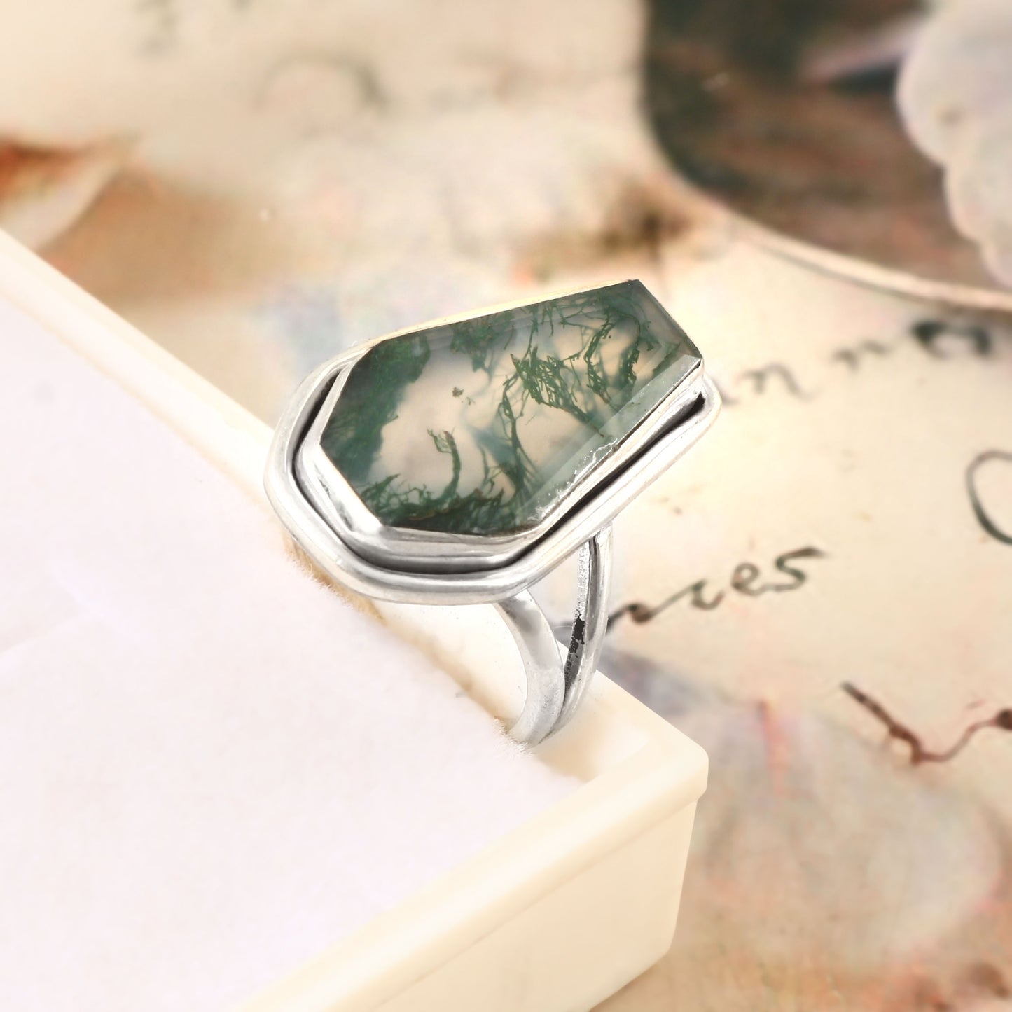 Moss Agate Coffin Shaped Ring, 925 Sterling Silver, Coffin Ring, Green Agate Ring, Christmas Gift