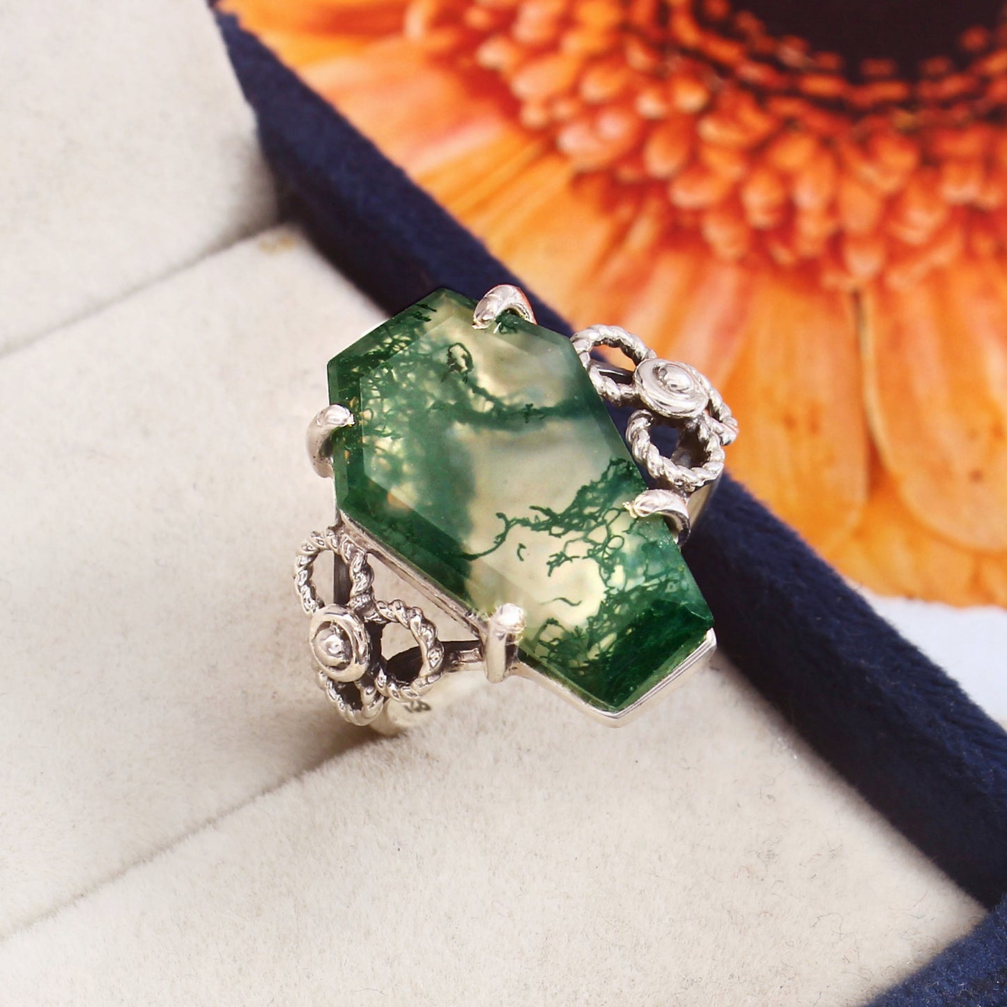 Coffin Ring, Moss Agate Ring, 925 Sterling Silver, Gemstone Ring, Statement Ring, Promise Ring