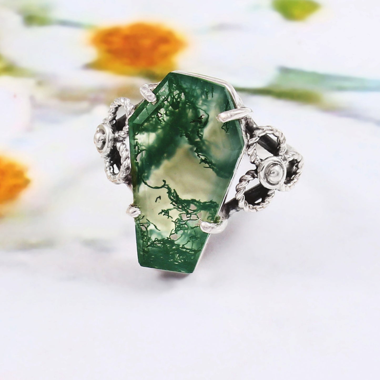Coffin Ring, Moss Agate Ring, 925 Sterling Silver, Gemstone Ring, Statement Ring, Promise Ring