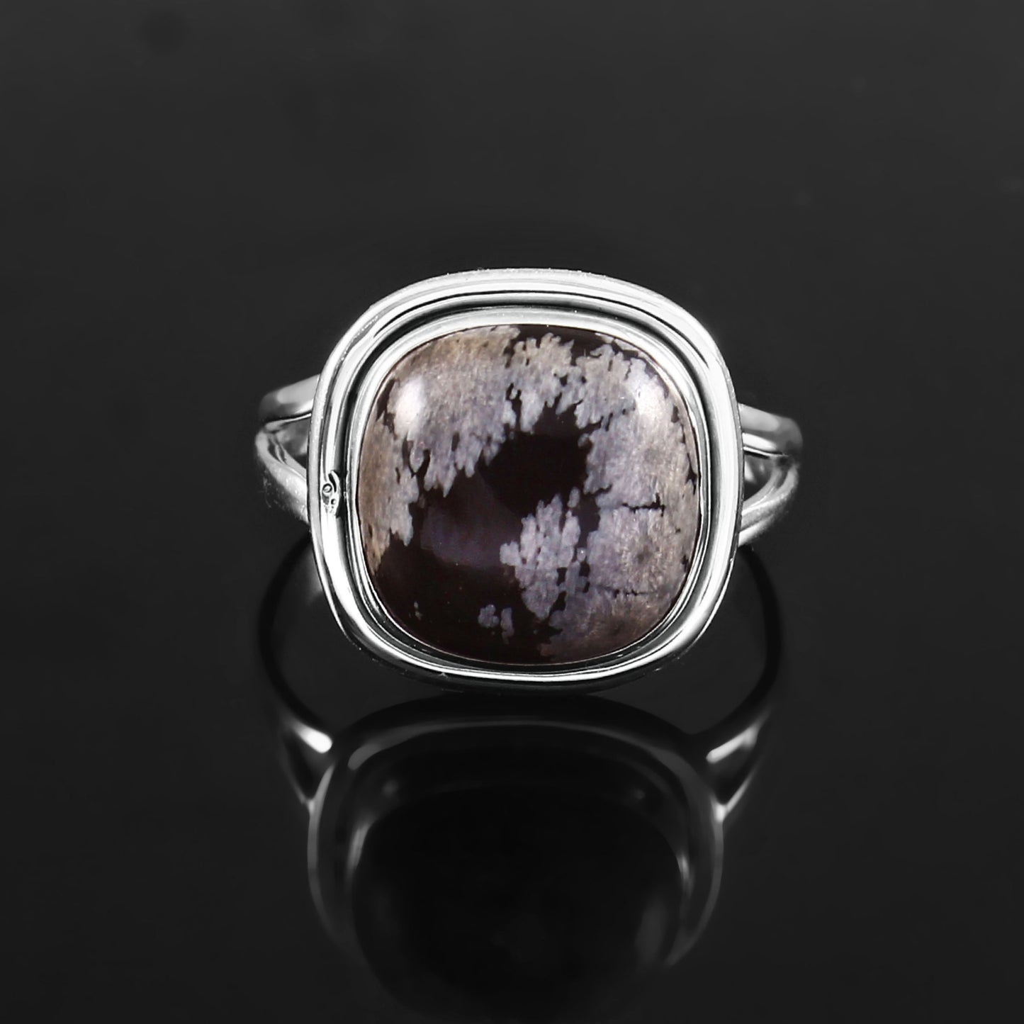 Genuine Snowflake Obsidian Ring in Sterling Silver – Cushion-Cut Gemstone with Split Band Design