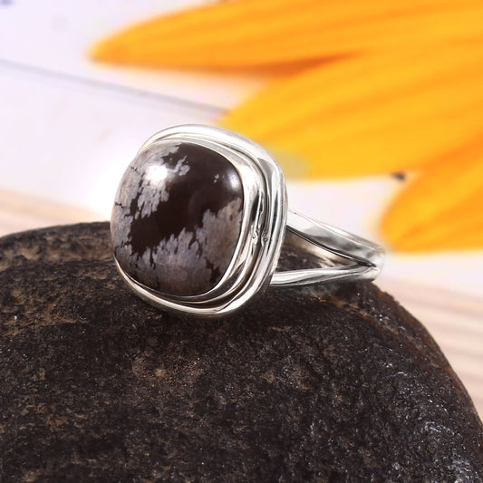 Genuine Snowflake Obsidian Ring in Sterling Silver – Cushion-Cut Gemstone with Split Band Design