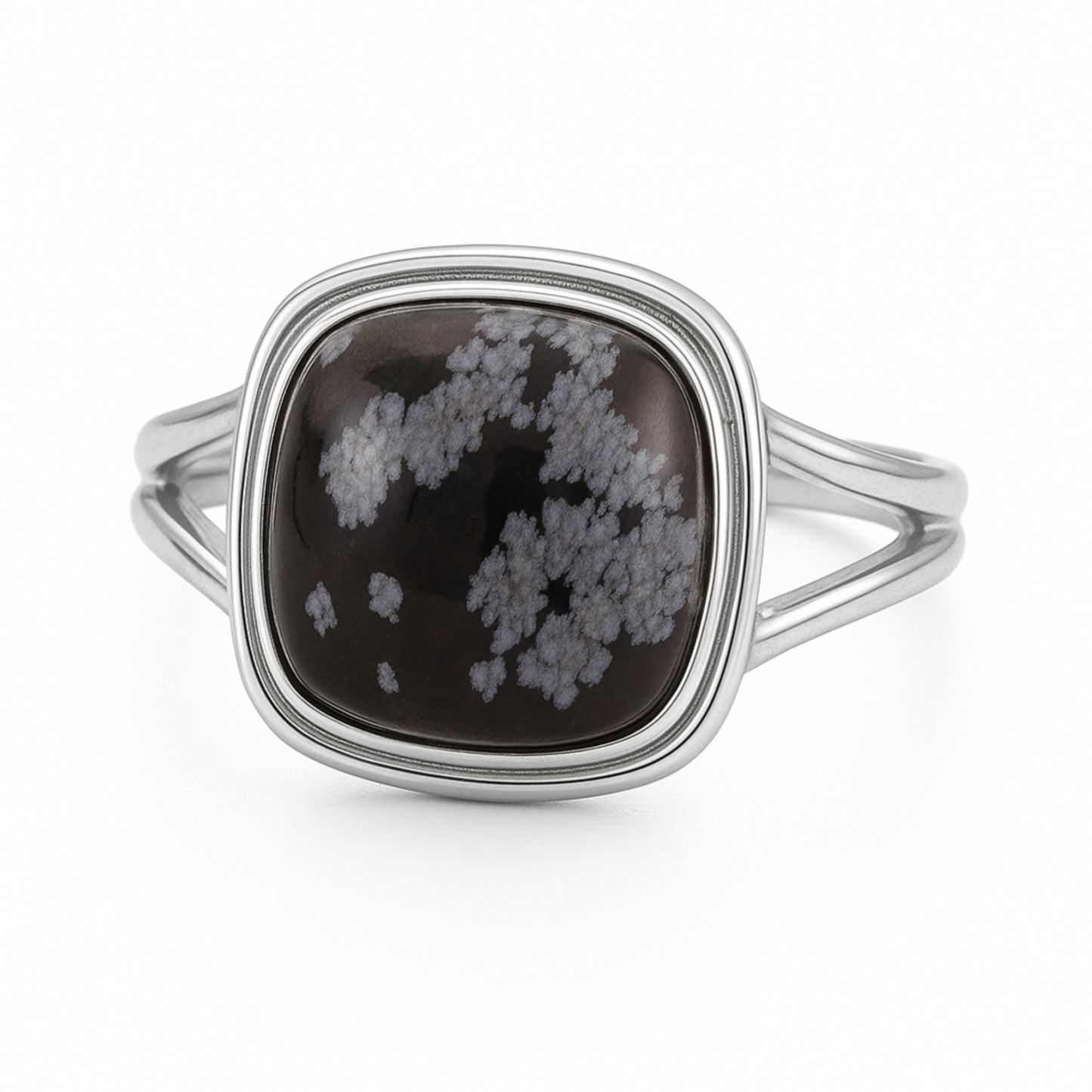 Genuine Snowflake Obsidian Ring in Sterling Silver – Cushion-Cut Gemstone with Split Band Design