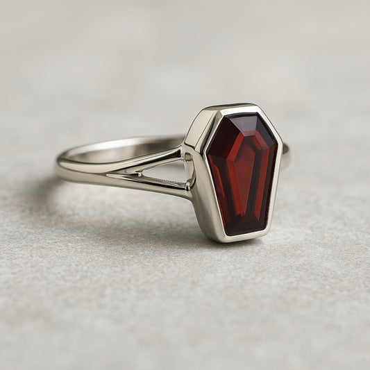 Minimalist Garnet Ring, Coffin Ring, 925 Solid Silver, Gemstone Ring, Handmade Jewelry
