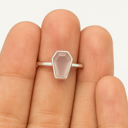 Minimalist Rose Quartz Ring, 925 Solid Silver, Gemstone Ring, Coffin Shape Ring, Coffin Ring