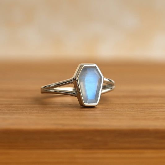 Minimalist Rainbow Moonstone Coffin Ring, 925 Sterling Silver, Coffin Shape Ring, Women Ring