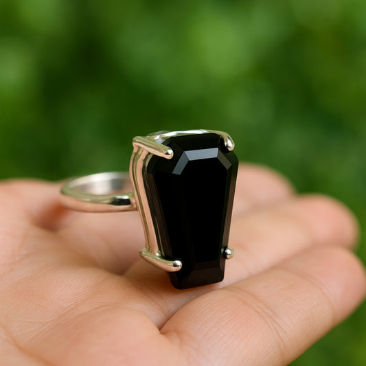 Black Onyx Coffin Ring, 925 Sterling Silver, Gemstone Ring, Statement Ring, Boho Ring