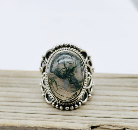 Moss Agate Ring, 925 Solid Sterling Silver, Designer Ring, Big Stone Ring, Boho Ring