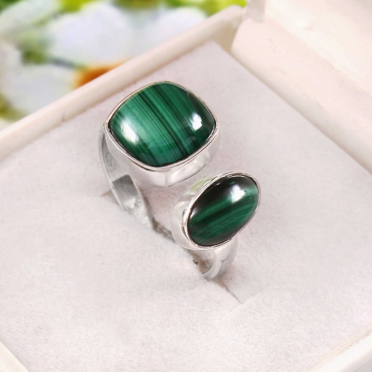 Dual Malachite Ring, Minimalist Ring. 925 Sterling Silver, Statement Ring, Malachite Gemstone