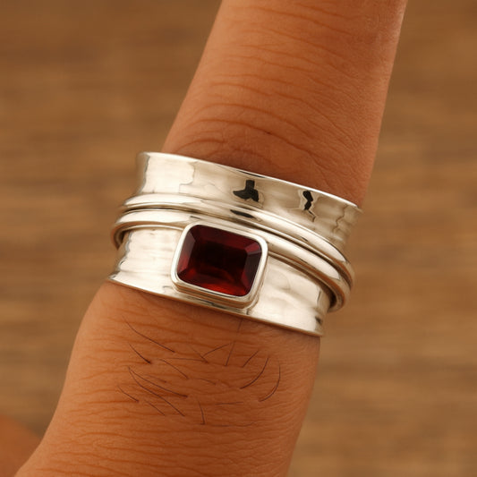 Garnet Ring, 925 Solid Silver, Garnet Spinner Ring, Meditation Ring, Birthstone Ring